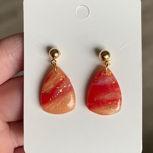 Red and Gold Polymer Clay Earrings | Lightweight Sterling Silver Handmade Earrings | Red and Gold Dangling Earrings for Her Small Dangles