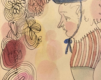 Flower Hat, original drawing on vintage book page