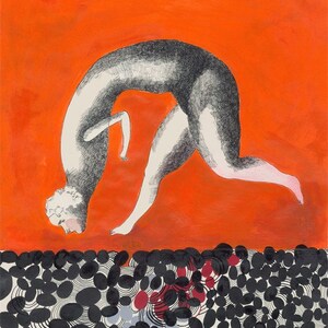 May include: A black and white illustration of a person bending over a field of black and white circles. The background is a bright orange color.