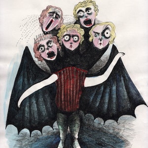 Può includere: Un'illustrazione in bianco e nero di una creatura con una corona e ali da pipistrello. La creatura ha quattro teste, ognuna con un'espressione diversa. Le teste guardano tutte in direzioni diverse. La creatura indossa un gilet a righe rosse e bianche.