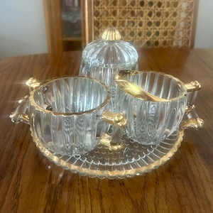 Vintage Jeanette Glass Cream & Sugar Set: Gold Rim Tray, Covered Dish, 1940s