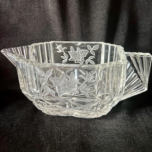 Vintage Clear Cut Glass Creamer, Etched Rose Floral Pattern 1950’s
