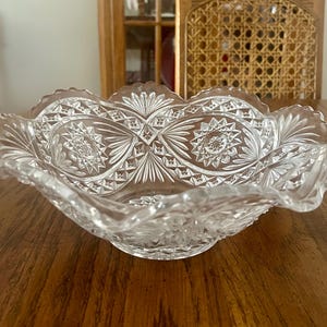 Vintage Imperial Glass Hobstar Flared Serving Bowl, Scalloped Edge Early American Pattern Glass