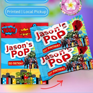 May include: Avengers Ring Pop packaging with the text "Jason's POP 3RD BIRTHDAY". The design features comic book style graphics and the Avengers characters. The background is blue and red.