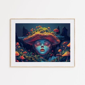 Pilz Mädchen Poster, Pilz Kunst, Psychedelisch, Retro Print, Surreale Kunst, Trippy Wandkunst, Vintage Wandbild, Trippy Wandkunst, Wohndekor