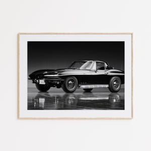 Chevrolet Corvette C2, 1966 voiture de sport de deuxième génération, noir et blanc, art mural, cadeau pour les amateurs de voiture, affiche pour les amateurs de voiture, cadeau de voiture