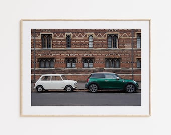 Morris Mini Minor and Mini Cooper Poster, Car Print, Wall Art, Wall Decor, Car Lovers Gift,Car Enthusiasts Poster, Car Gift, British Icon