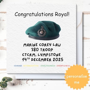 Personalised Royal Marine Commando pass out card, corps, green beret, per mare per terram, bootneck