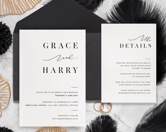 Juego de invitaciones de boda personalizadas con letra cursiva, elegantes invitaciones monocromáticas, sobres negros.