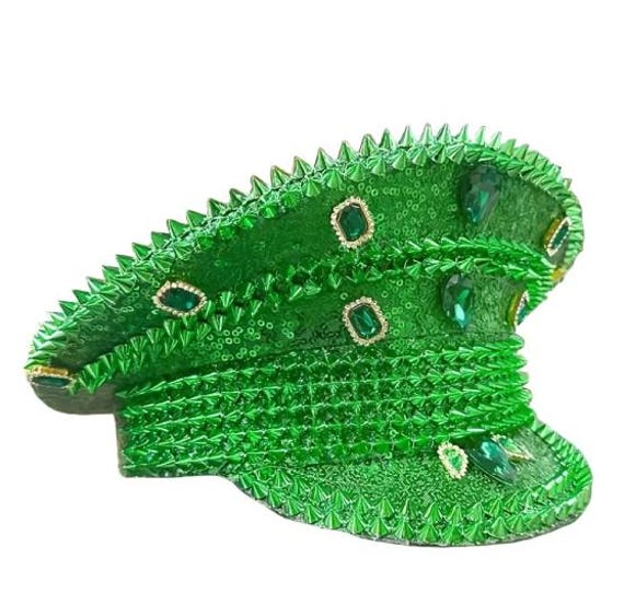 Green Sequin Captain Hat – Emerald Spiked Festival Hat With 