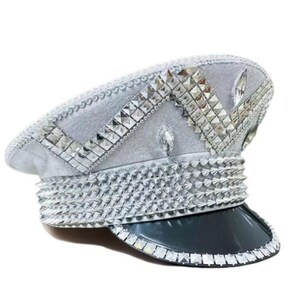 Rhinestone Pointed Spike Studded Captain Hat Green Sequin Captain Hat – Emerald Spiked Festival Hat With  main image 2