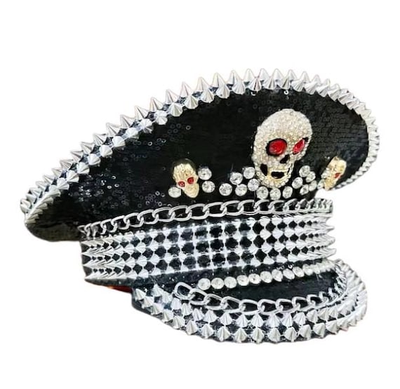Black Skull Sequin Festival Hat, Spiked Captain Hat With  display picture 3