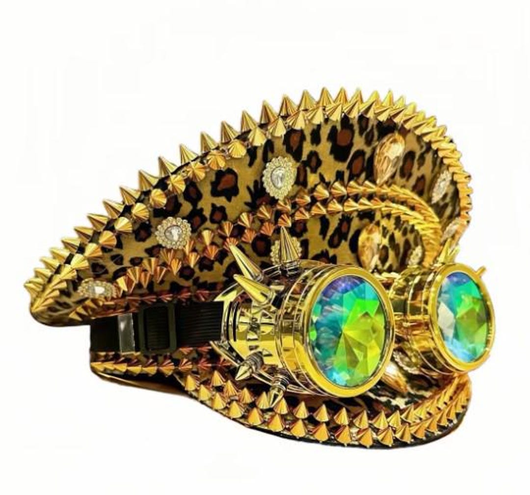 Leopard Print Steampunk Captain Hat – Gold Spiked Festival  display picture 1