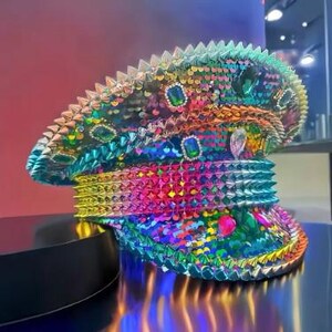 Spike Studded Rainbow Captain Hat Iridescent Rainbow Drag Gay Pride Military Captain Hat Studs  main image 2