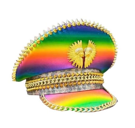 Rainbow Spiked Captain Hat – Pride Festival Hat With Gold  display picture 2