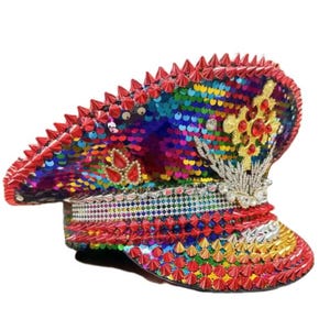 Spike Studded Rainbow Captain Hat Iridescent Rainbow Drag Gay Pride Military Captain Hat Studs  main image 3