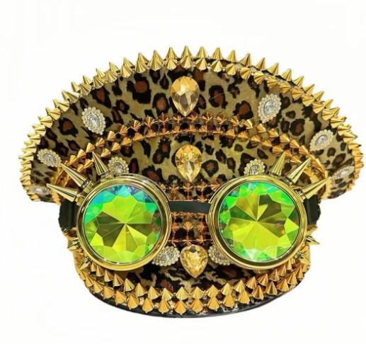 Leopard Print Steampunk Captain Hat – Gold Spiked Festival  display picture 2