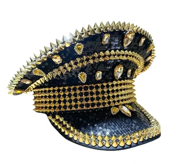 Rhinestone Pointed Spike Studded Captain Hat Green Sequin Captain Hat – Emerald Spiked Festival Hat With  main image 3