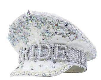 White Sequin BRIDE Captain Hat – Snowflake Rhinestone Bachelorette Hat with Pearls & Gems – Winter Wedding, Hen Party Accessory