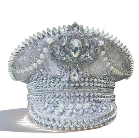 Silver Sequin Captain Hat With Pearls and Spikes  display picture 1