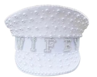 White Pearl Wifey Hat – Bride Captain Hat for Bachelorette Party, Bridal Shower Accessory, Handmade Wedding Hat