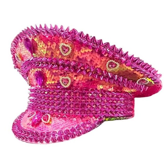 Hot Pink Sequin Festival Captain Hat – Spiked Rave Hat  display picture 2