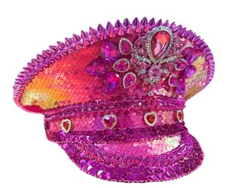 Hot Pink Sequin Rhinestone Captain Hat | Festival Hat | Statement Piece Hot Pink Sequin Rhinestone Captain Hat Festival Rave  main image 2