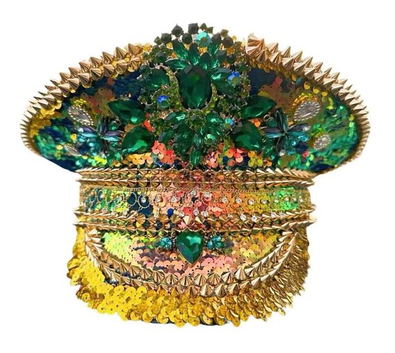 Rainbow Sequin Festival Captain Hat – Gold Spiked Drag Queen 