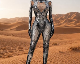 Silver Rhinestone Futuristic Catsuit, Metallic Festival Jumpsuit, Cyberpunk Bodysuit, Glam Performance Outfit Women