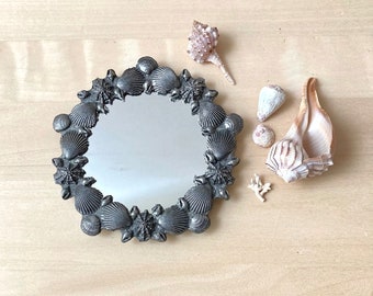 vintage pewter mirror with easel - scallops seashell nautical decor -