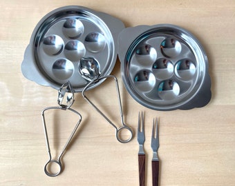 stainless escargot serving set snail plates tongs and forks - set of two NOS in box