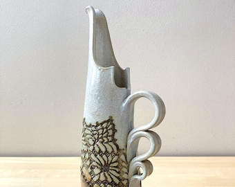 studio pottery pitcher artist signed J Kozon - neutral gray tan brocade tall wine pour