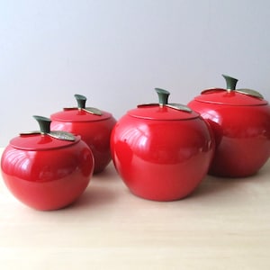 midcentury red apple canisters set of four aluminum brass leaf lids near mint condition image 1