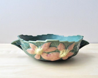 roseville clematis green pink console bowl 457-8" antique art pottery