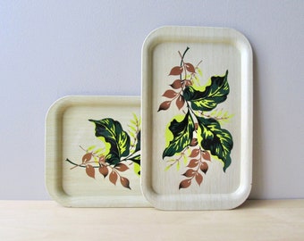 pair vintage tin lap trays tropical leaf faux woodgrain