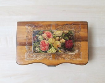 small cedar chest - sewing glove hanky box with mirror - rose floral decal jewelry case