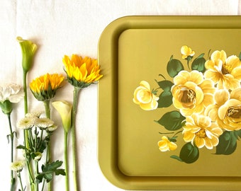 yellow roses large vintage gold serving tray - tv tray tole painting