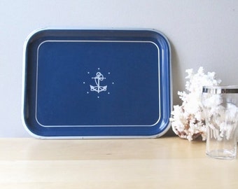 vintage metal tray navy blue silver anchor nautical decor - scuffed varnish