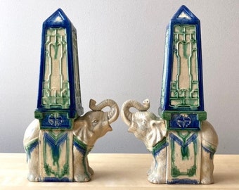 pair ceramic figures elephant and obelisk crackle glaze as found