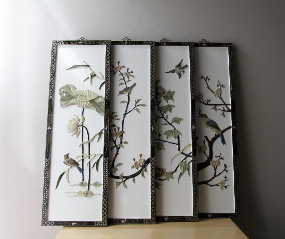 Vintage asian panels wall hangings with carved lotus birds and Etsy