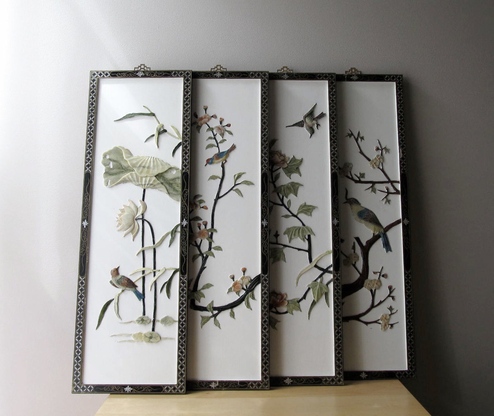 Vintage asian panels wall hangings with carved lotus birds and Etsy
