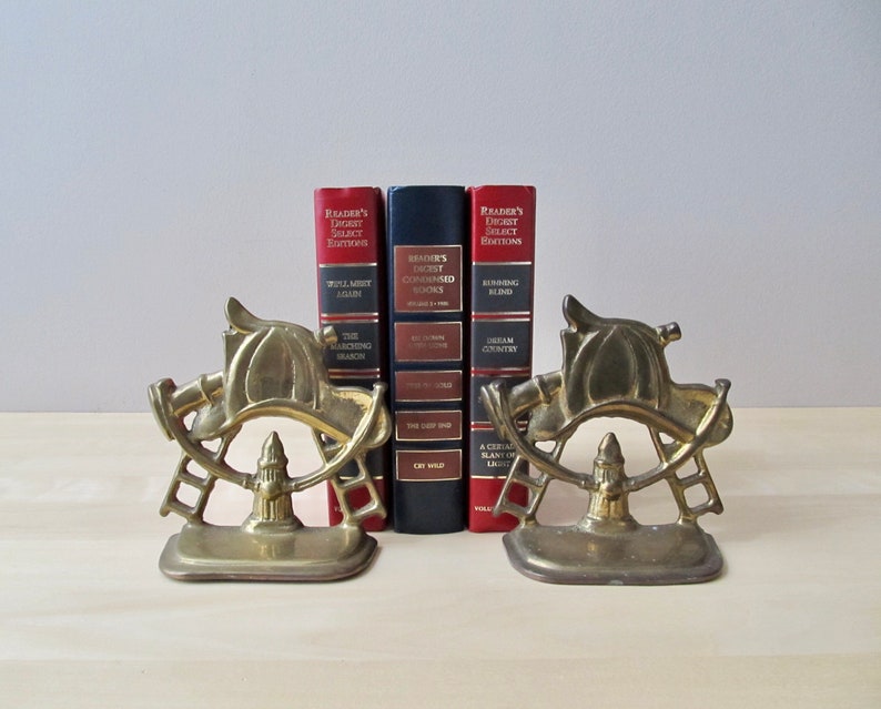 pair solid brass bookends fire fighter hat hose hydrant ladder gift for everyday hero image 2