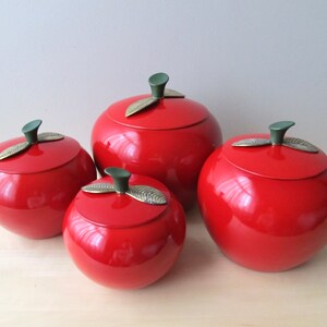 midcentury red apple canisters set of four aluminum brass leaf lids near mint condition image 2