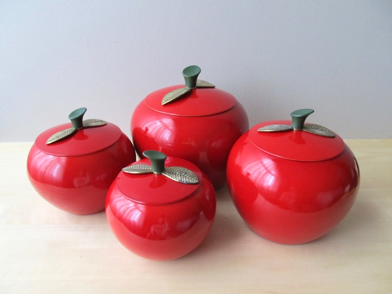 midcentury red apple canisters set of four aluminum brass leaf lids near mint condition image 2