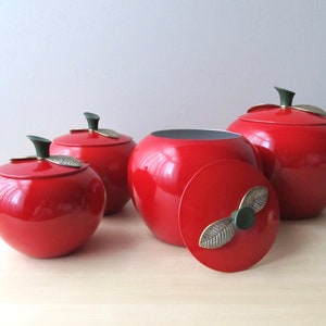 midcentury red apple canisters set of four aluminum brass leaf lids near mint condition image 4