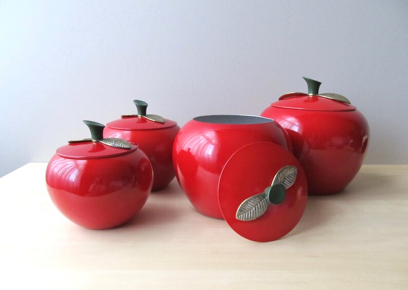 midcentury red apple canisters set of four aluminum brass leaf lids near mint condition image 4