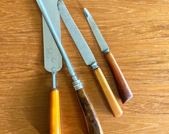 vintage faux tortoiseshell buttescotch handle utensils ALL grapfruit spoon spreader knife honing steel