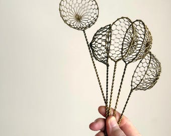 set of 5 vintage mesh strainers -  brass wire skimmer egg dipper metal kitchen utensil