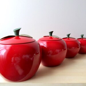 midcentury red apple canisters set of four aluminum brass leaf lids near mint condition image 5