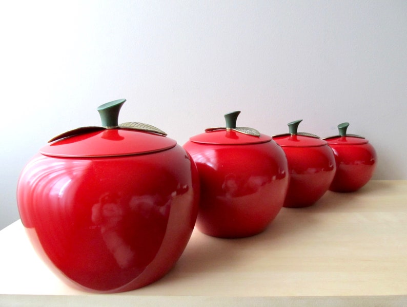 midcentury red apple canisters set of four aluminum brass leaf lids near mint condition image 5